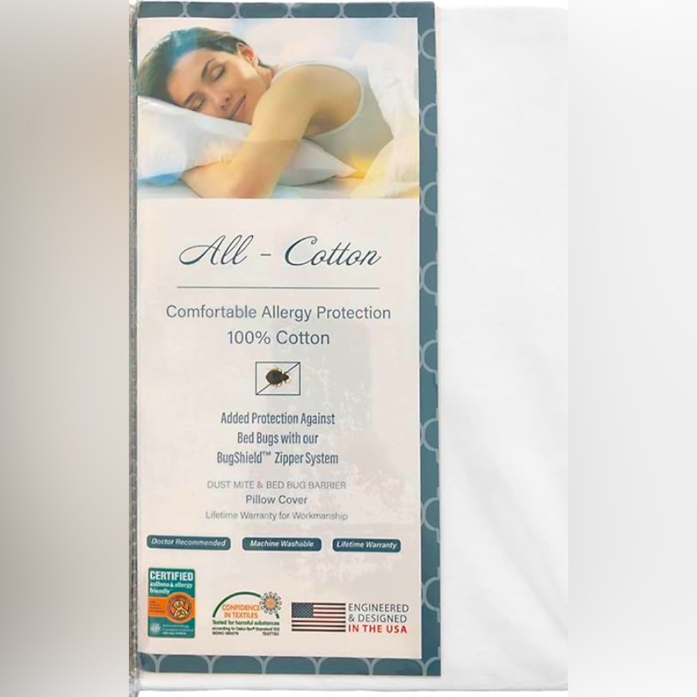 NEW 1pk All-Cotton Queen Pillow Cover BugShield Zipper Allergy Protective White
